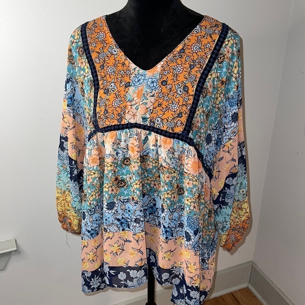 New Directions Sz L Boho flower print 3/3 sleeves top women’s blouse